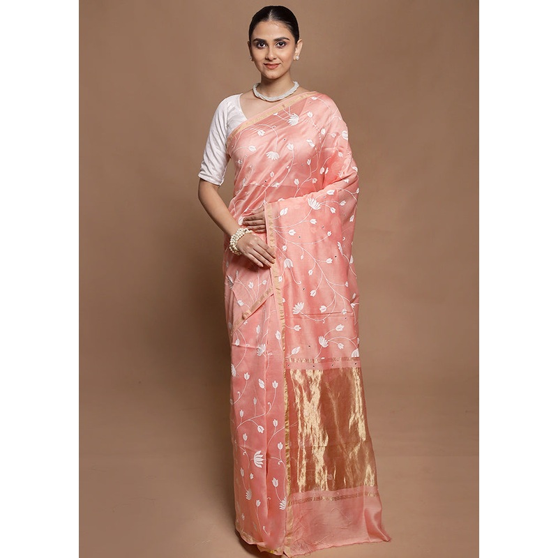 Pink Handloom Tussar Pure Silk Saree With Blouse Piece - JD986602102
