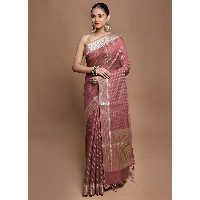 Pink Kora Silk Saree With Blouse Piece - JD986602098