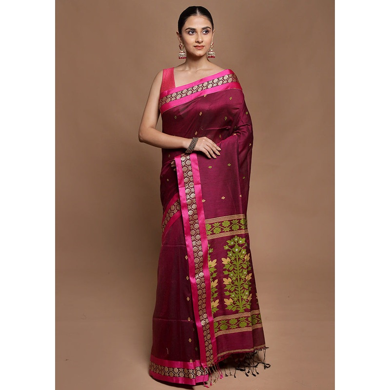 Pink Pure Cotton Saree With Blouse Piece - JD986602095