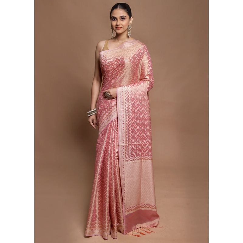 Pink Tissue Silk Saree With Blouse Piece - JD986602093