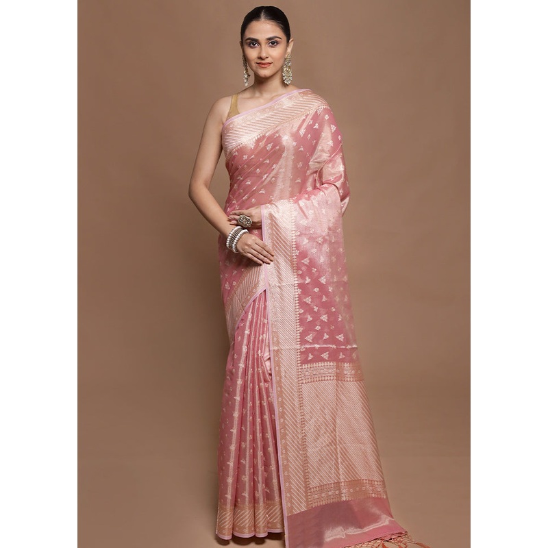 Pink Tissue Silk Saree With Blouse Piece - JD986602094