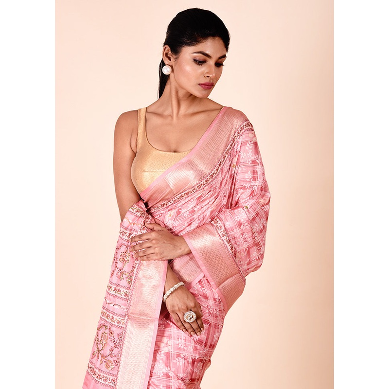 Pink Tussar Silk Saree With Blouse Piece - JD986602270