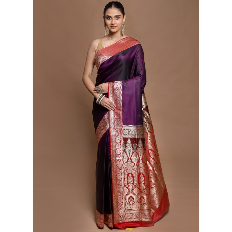 Purple Banarasi Silk Saree With Blouse Piece - JD986602085