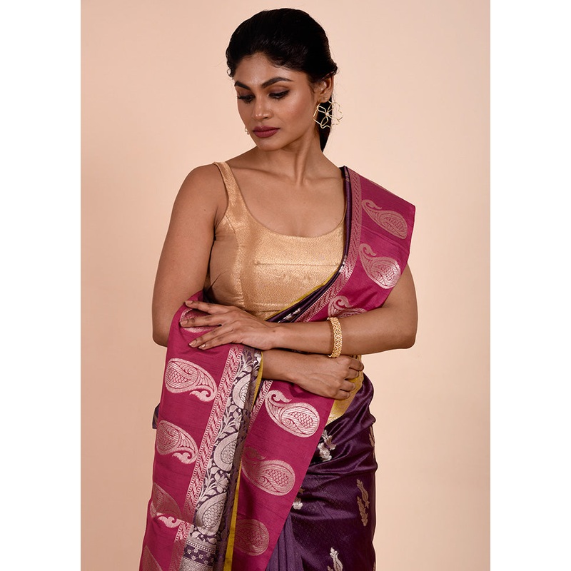 Purple Cotton Saree With Blouse Piece - JD986602267