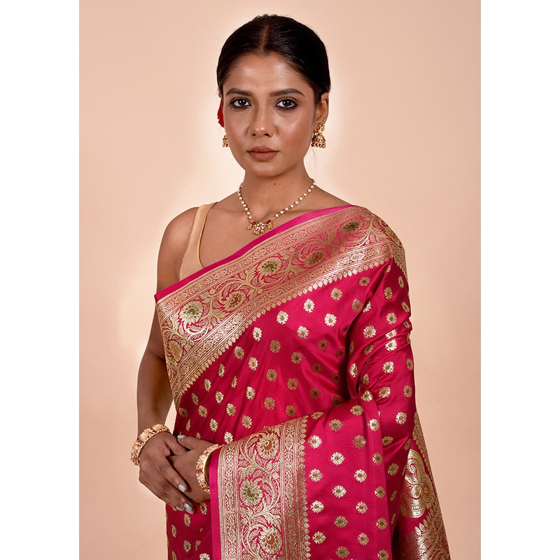 Rani Pink Banarasi Silk Saree With Blouse Piece - JD986602220