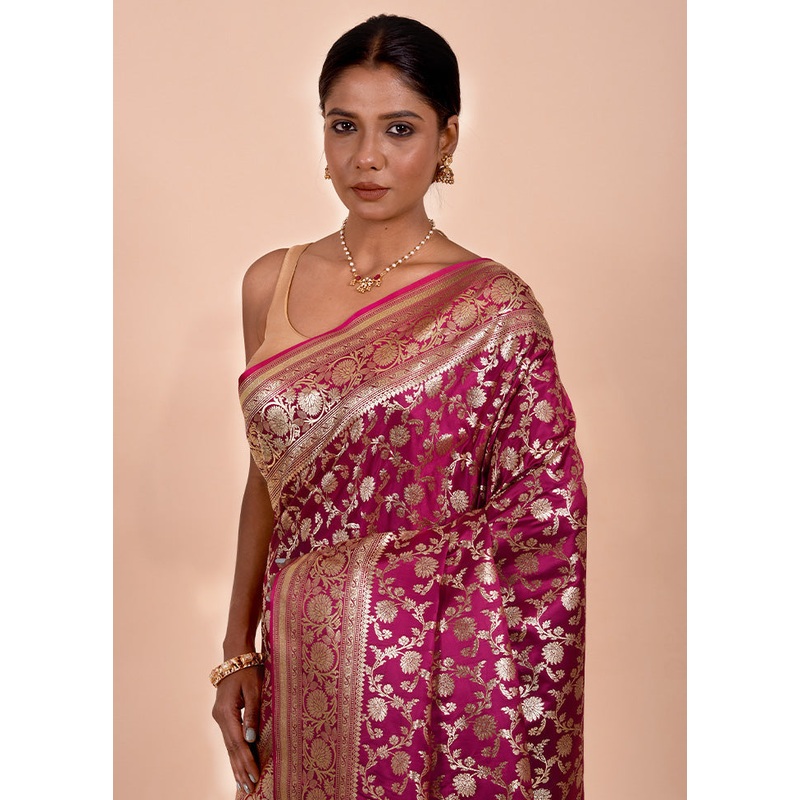 Rani Pink Banarasi Silk Saree With Blouse Piece - JD986602221