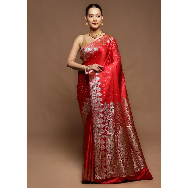 Red Banarasi Silk Saree With Blouse Piece - JD986602077