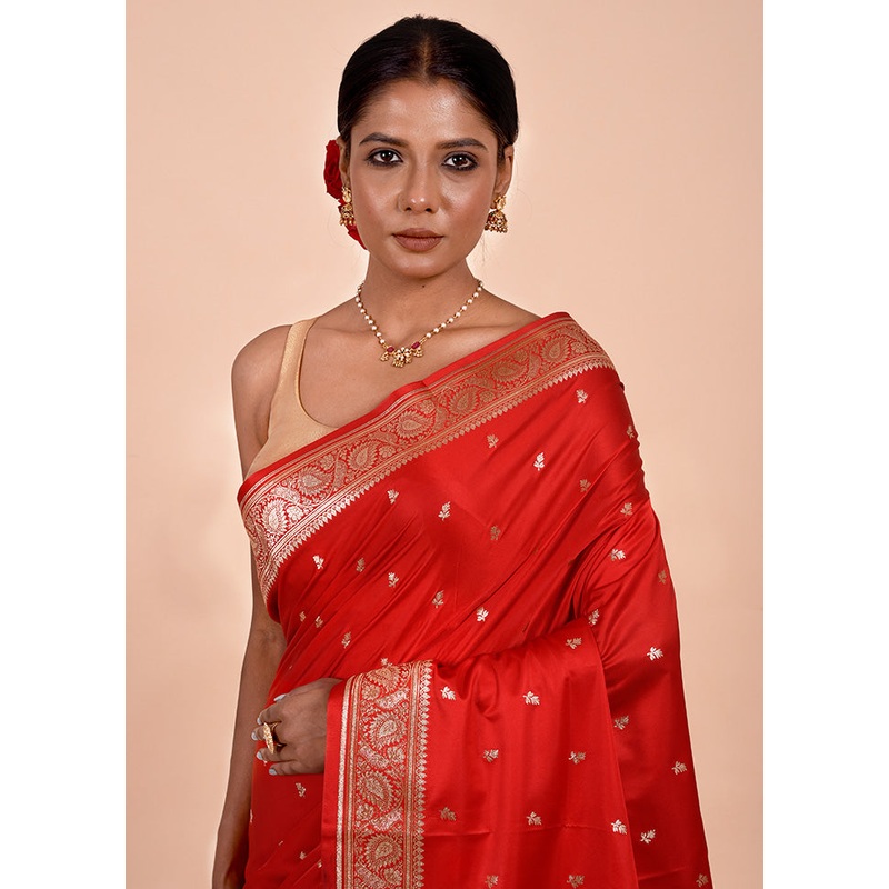 Red Banarasi Silk Saree With Blouse Piece - JD986602215