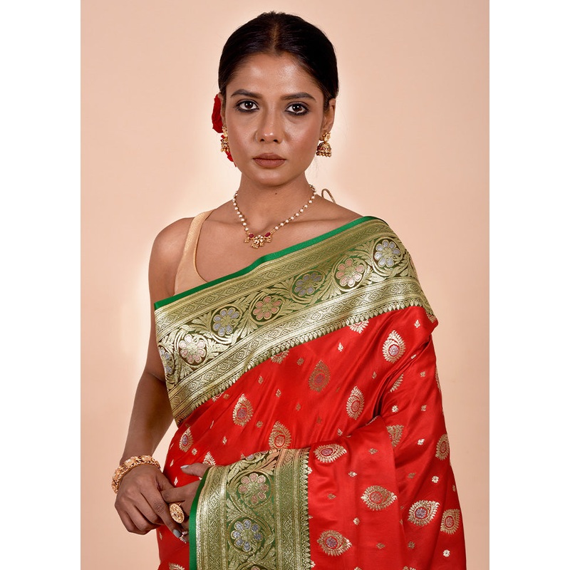 Red Banarasi Silk Saree With Blouse Piece - JD986602216