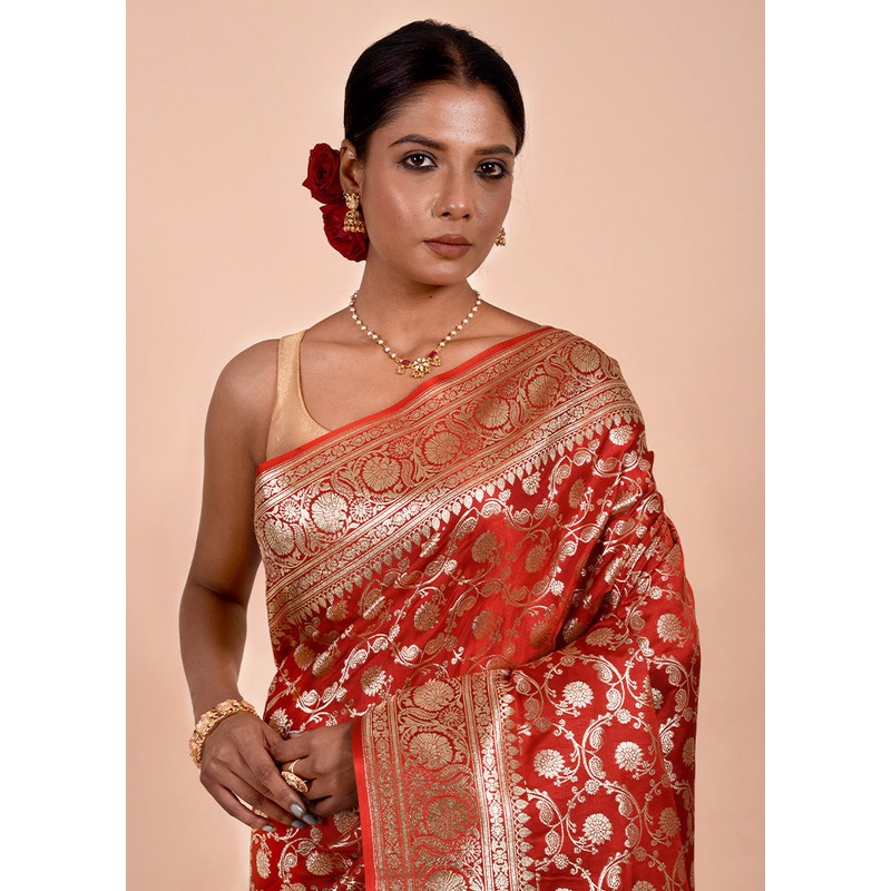 Red Banarasi Silk Saree With Blouse Piece - JD986602217