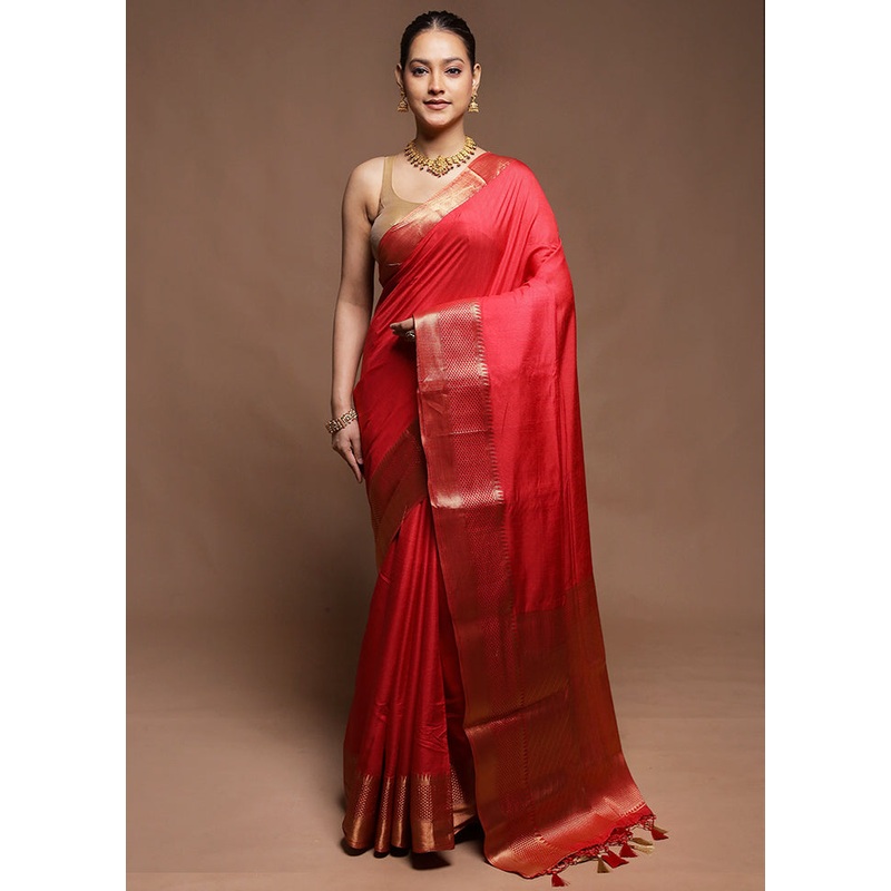 Red Dupion Silk Saree With Blouse Piece - JD986602075