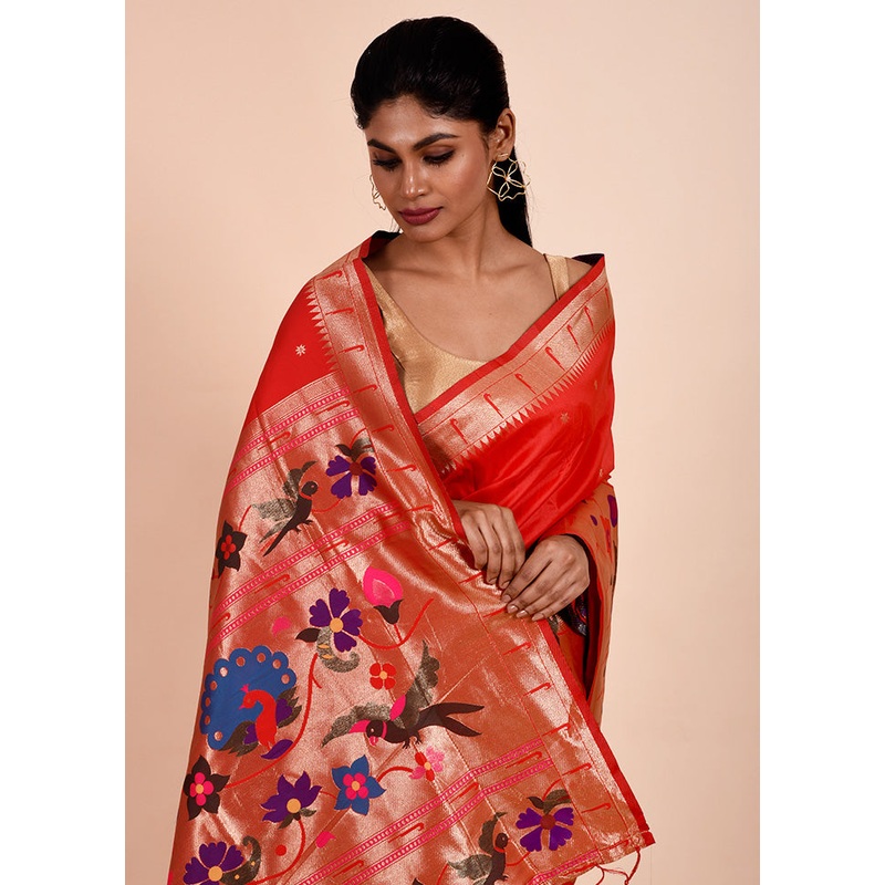 Red Dupion Silk Saree With Blouse Piece - JD986602260