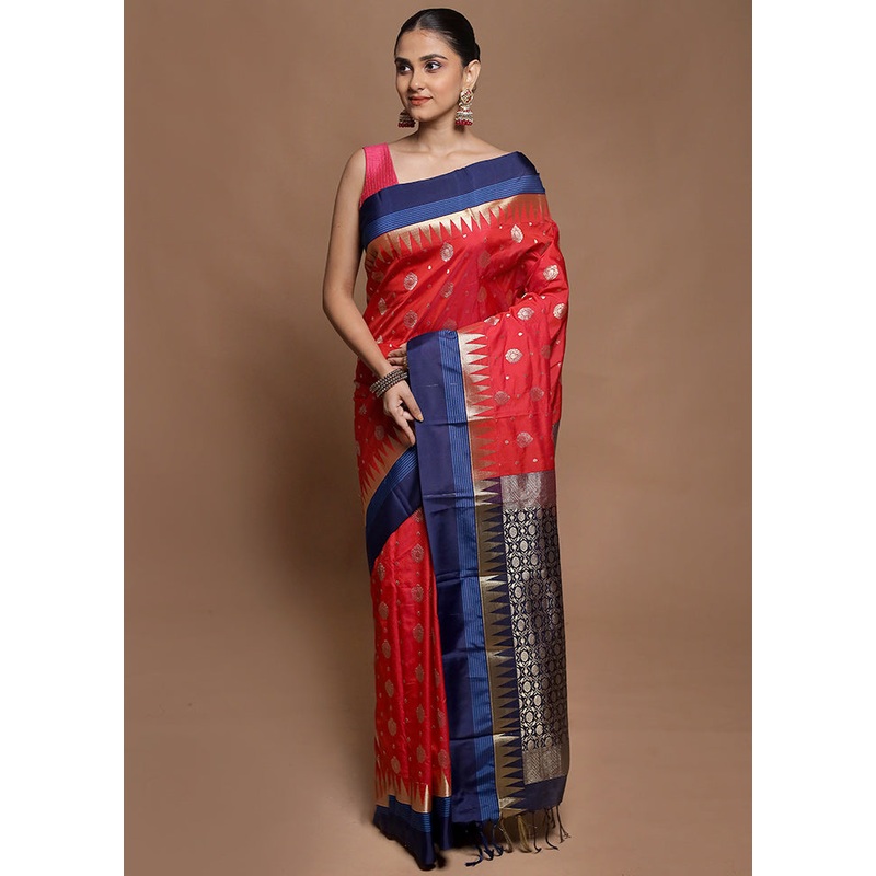 Red Kanjivaram Silk Saree With Blouse Piece - JD986602074