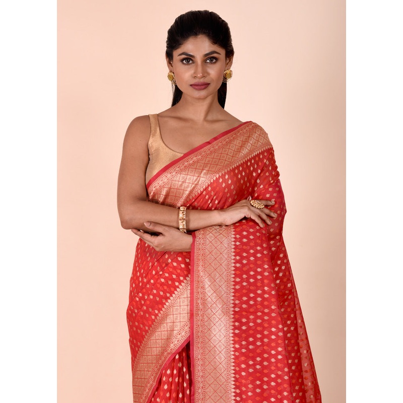 Red Kora Silk Saree With Blouse Piece - JD986602259