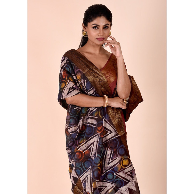 Rust Chanderi Cotton Saree With Blouse Piece - JD986602257