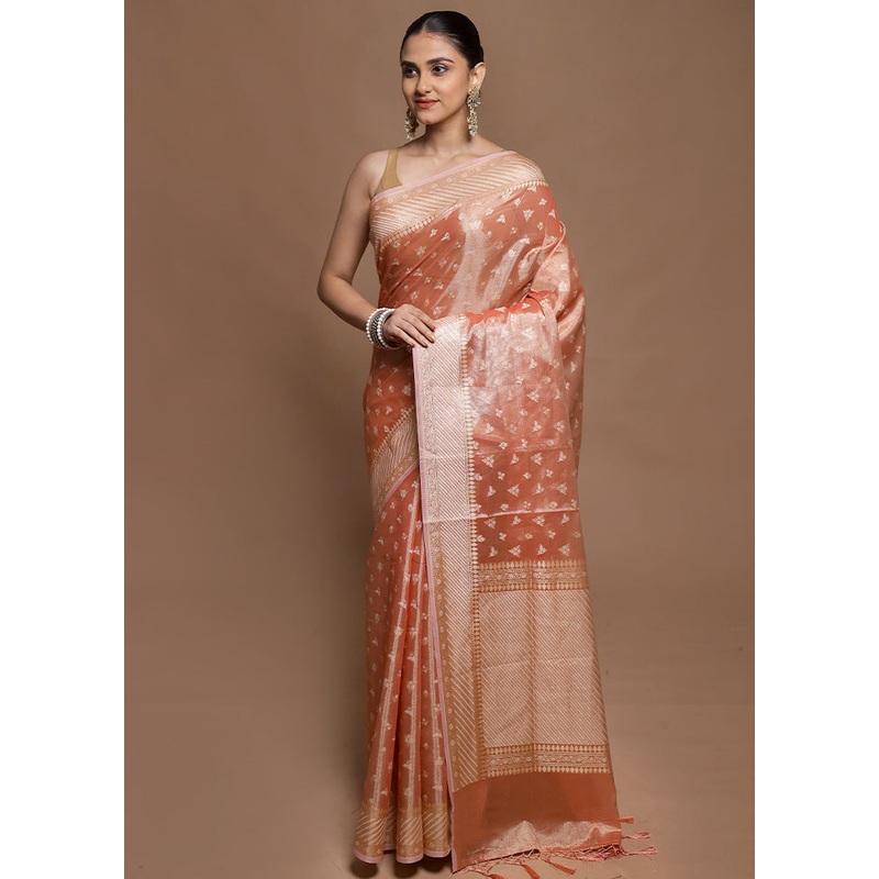 Rust Tissue Silk Saree With Blouse Piece - JD986602071