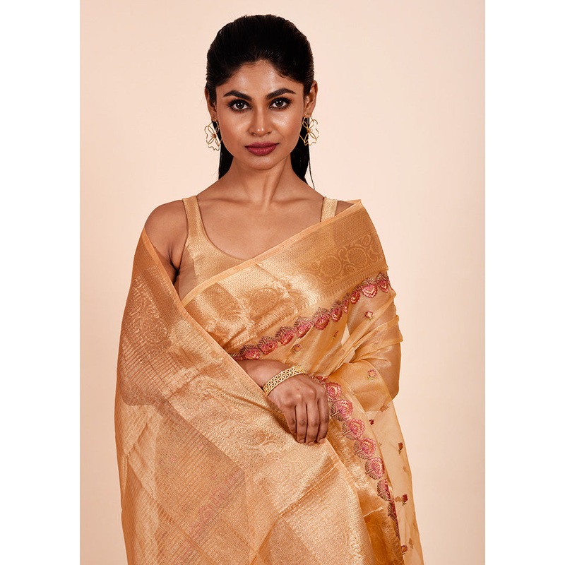 Rust Tissue Silk Saree With Blouse Piece - JD986602255
