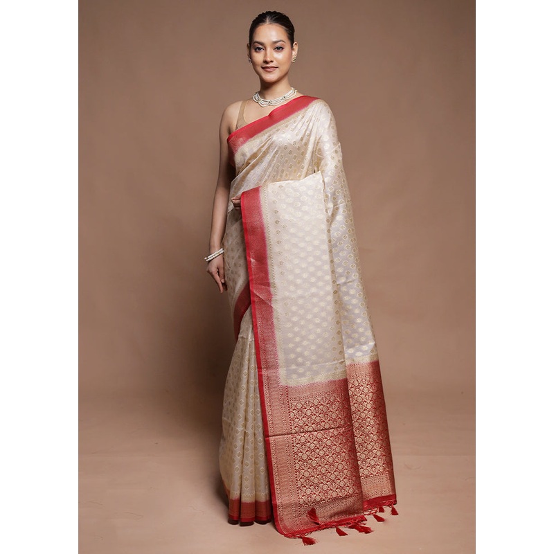 White Dupion Silk Saree With Blouse Piece - JD986602070