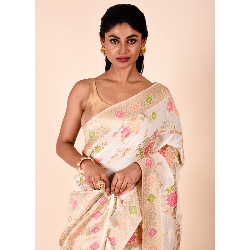 White Georgette Saree With Blouse Piece - JD986602253