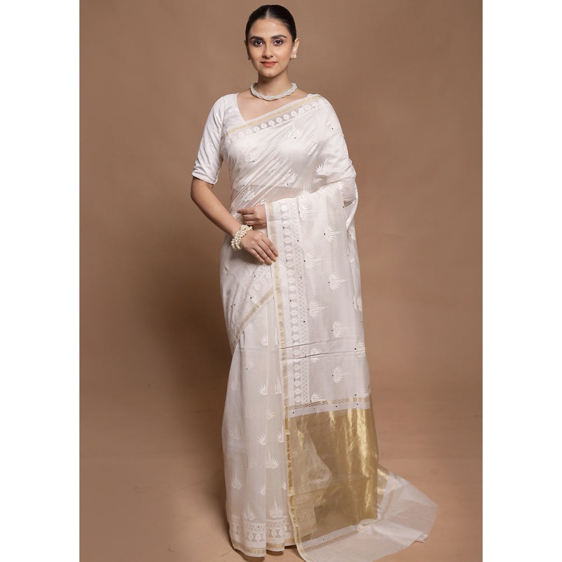 White Handloom Tussar Pure Silk Saree With Blouse Piece - JD986602069