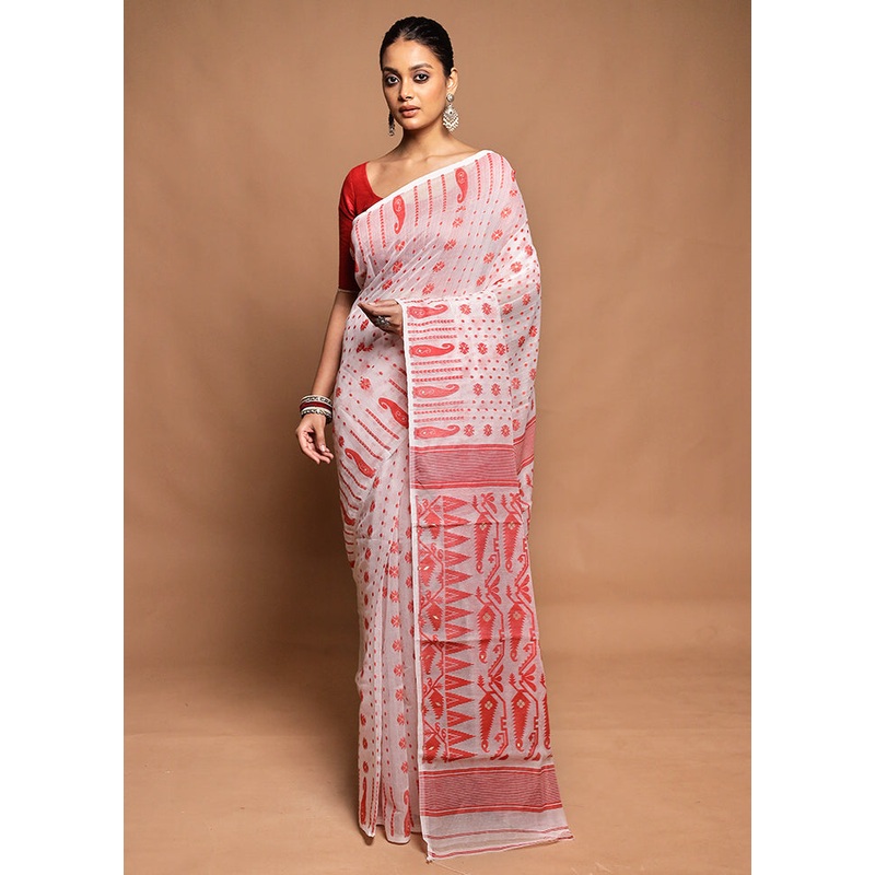 White Jamdani Cotton Saree Without Blouse Piece - JD986602068