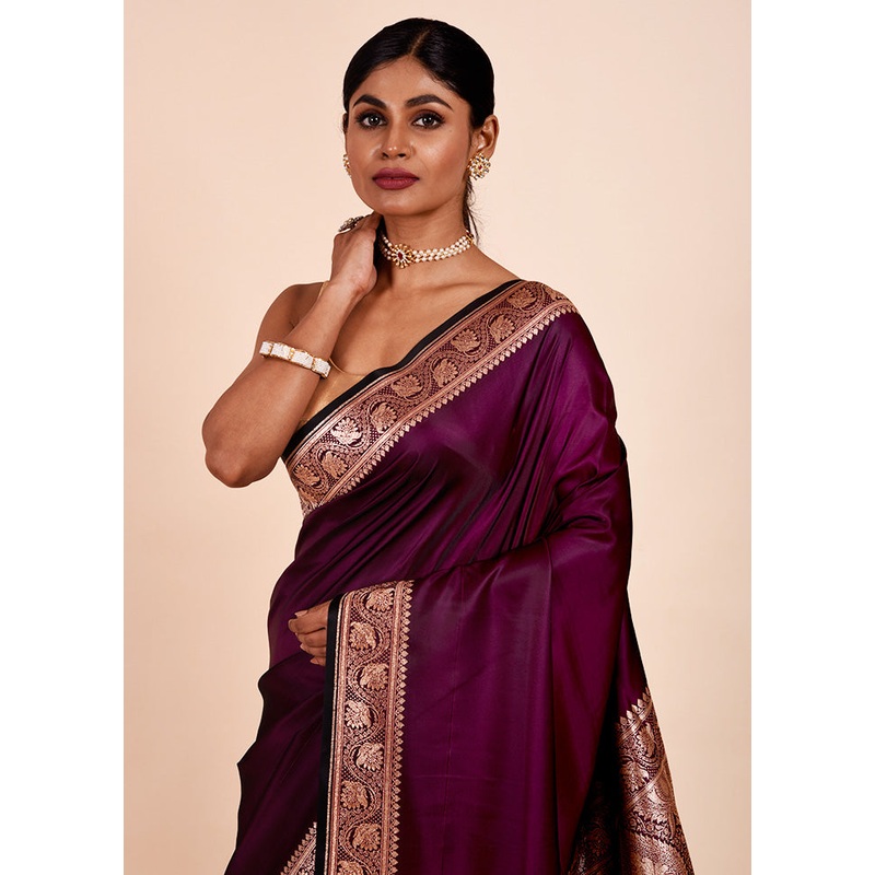 Wine Banarasi Silk Saree With Blouse Piece - JD986602252