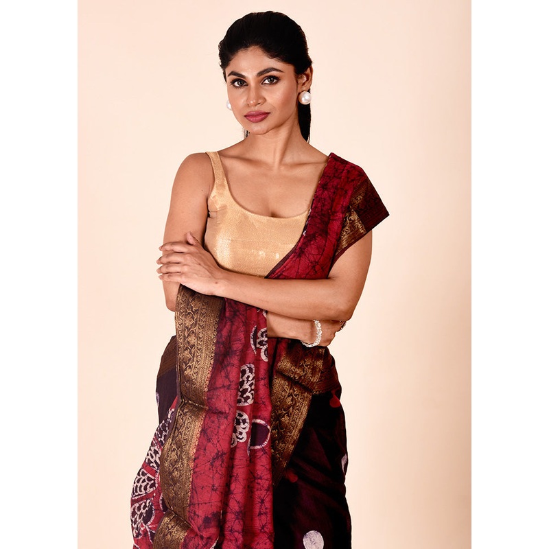 Wine Chanderi Cotton Saree With Blouse Piece - JD986602251