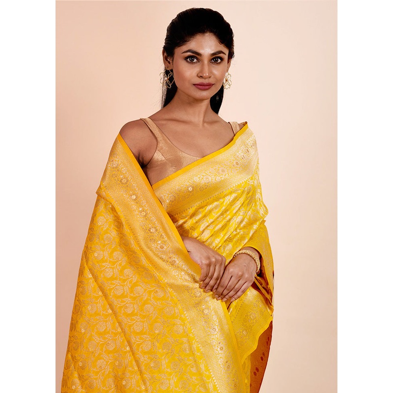 Yellow Dupion Silk Saree With Blouse Piece - JD986602249