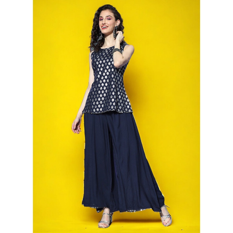 2 Pc Navy Blue Readymade Rayon Top Set - JD986601863