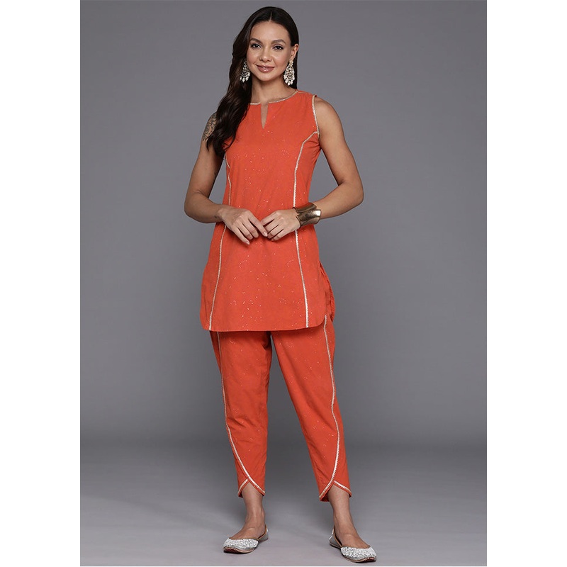 2 Pc Orange Pure Readymade Cotton Tunic Set - JD986601902