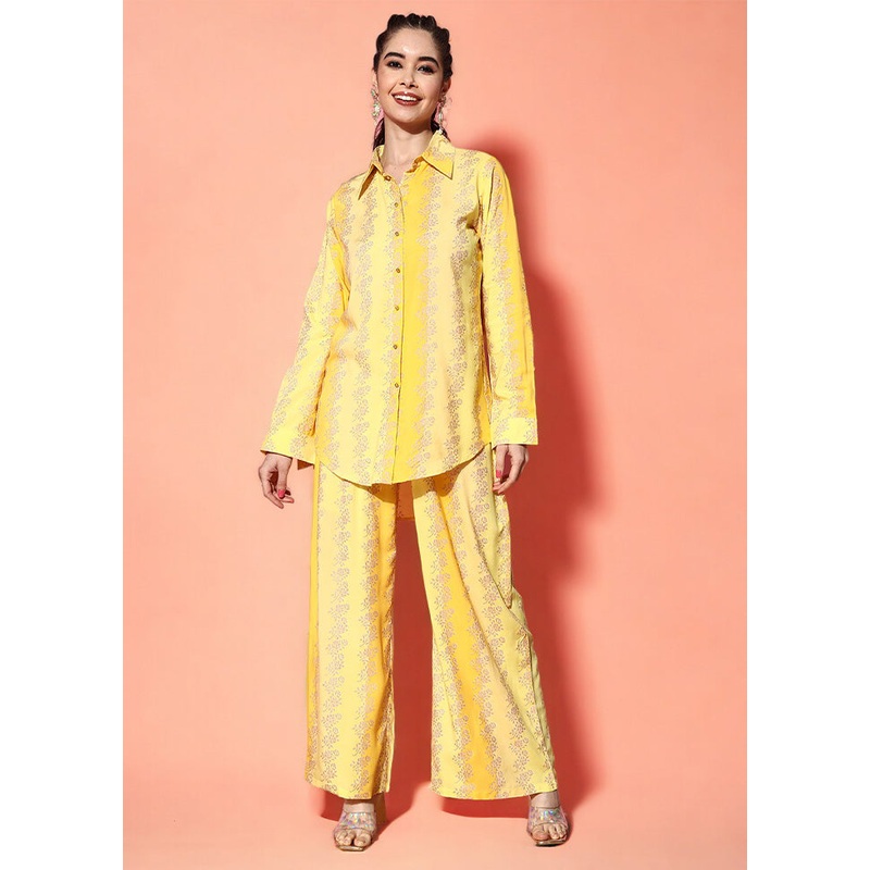 2 Pc Yellow Readymade Rayon Shirt Set - JD986601857