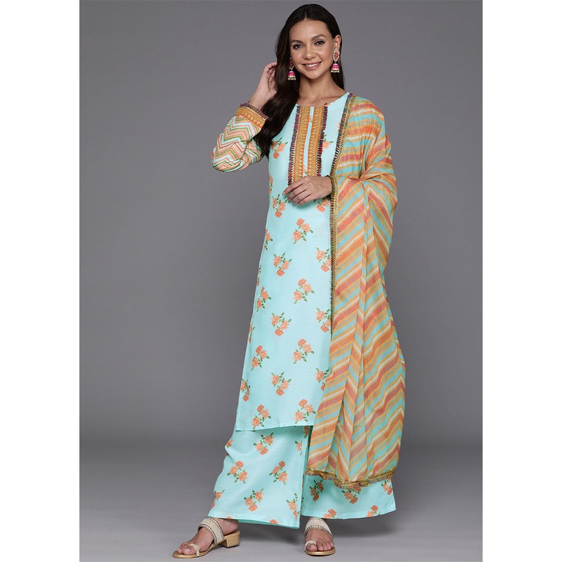 3 Pc Blue Readymade Silk Dupatta Suit Set - JD986601935