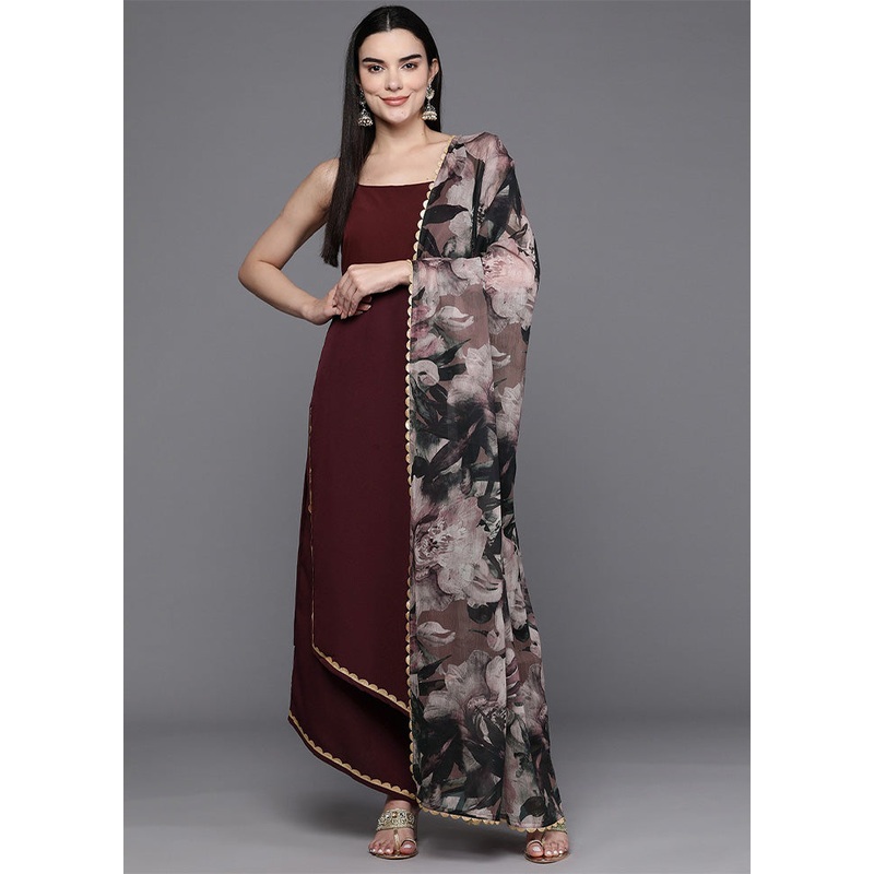 3 Pc Brown Readymade Silk Dupatta Suit Set - JD986601934