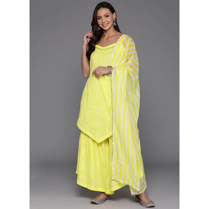 3 Pc Yellow Pure Readymade Cotton Dupatta Suit Set - JD986601919