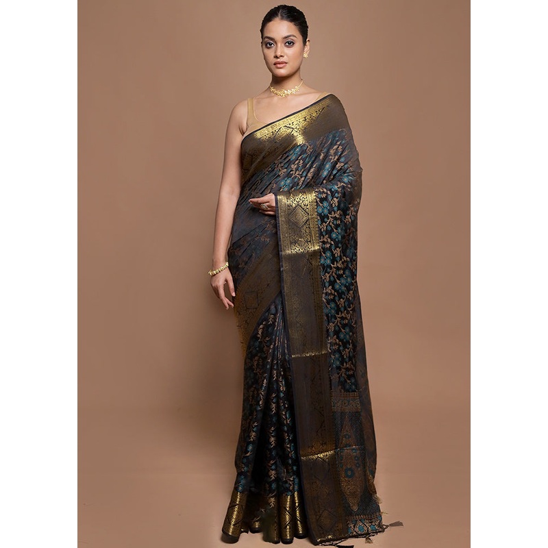 Black Dupion Silk Saree With Blouse Piece - JD986602027