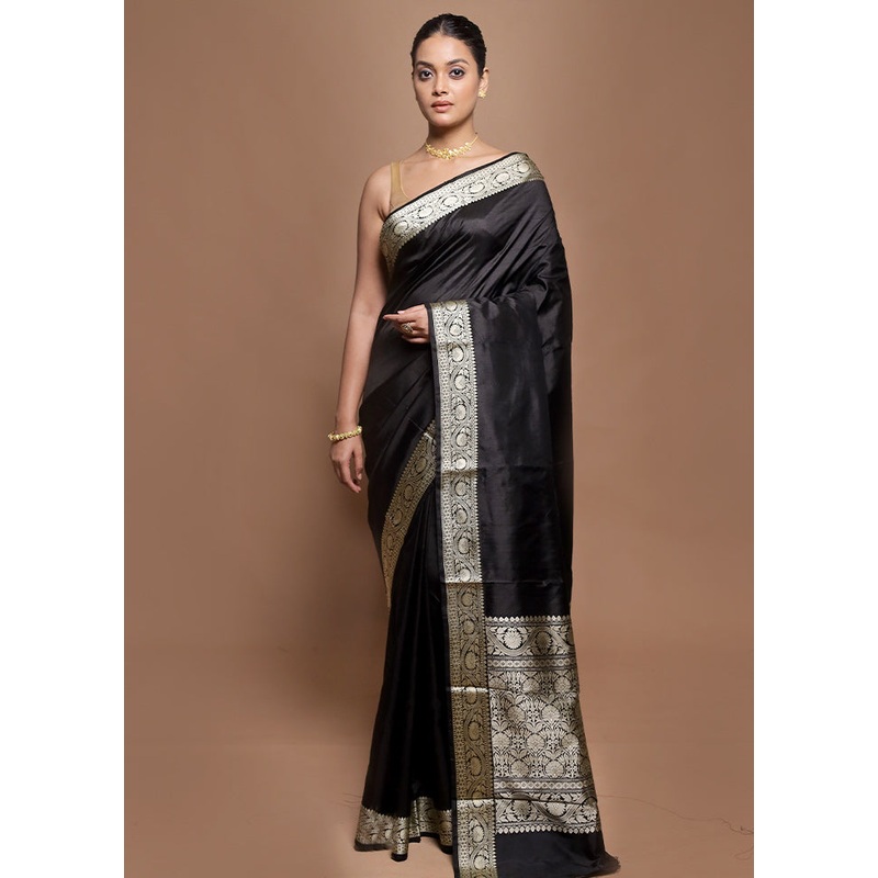 Black Handloom Katan Pure Silk Saree With Blouse Piece - JD986602026