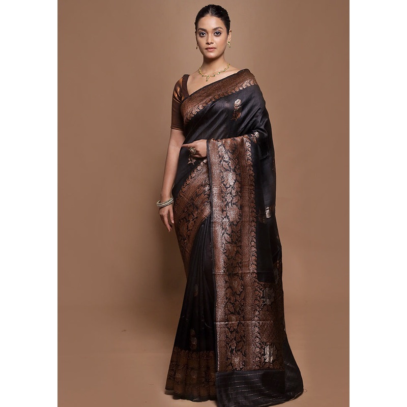 Black Handloom Tussar Pure Silk Saree With Blouse Piece - JD986602024