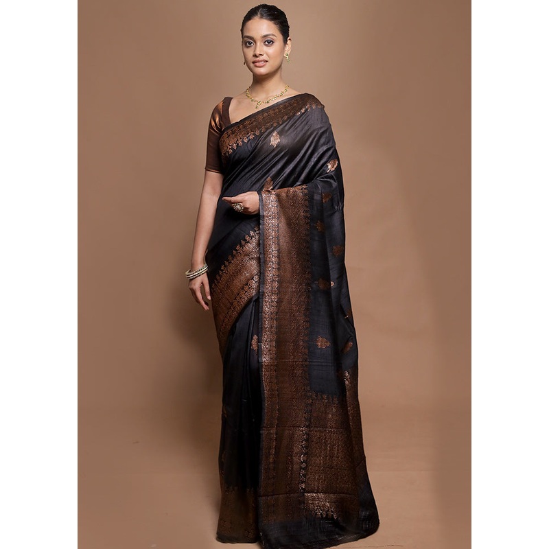 Black Handloom Tussar Pure Silk Saree With Blouse Piece - JD986602025