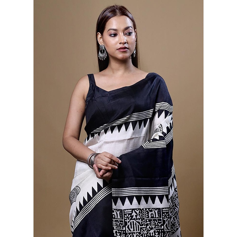Black Printed Pure Silk Saree Without Blouse Piece - JD986602033