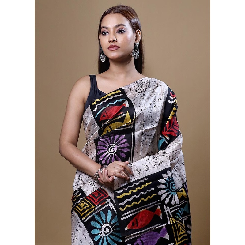 Black Printed Pure Silk Saree Without Blouse Piece - JD986602035