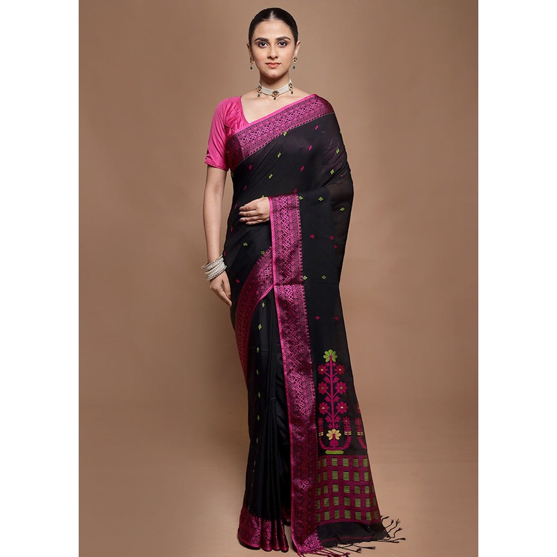 Black Pure Cotton Saree With Blouse Piece - JD986602023