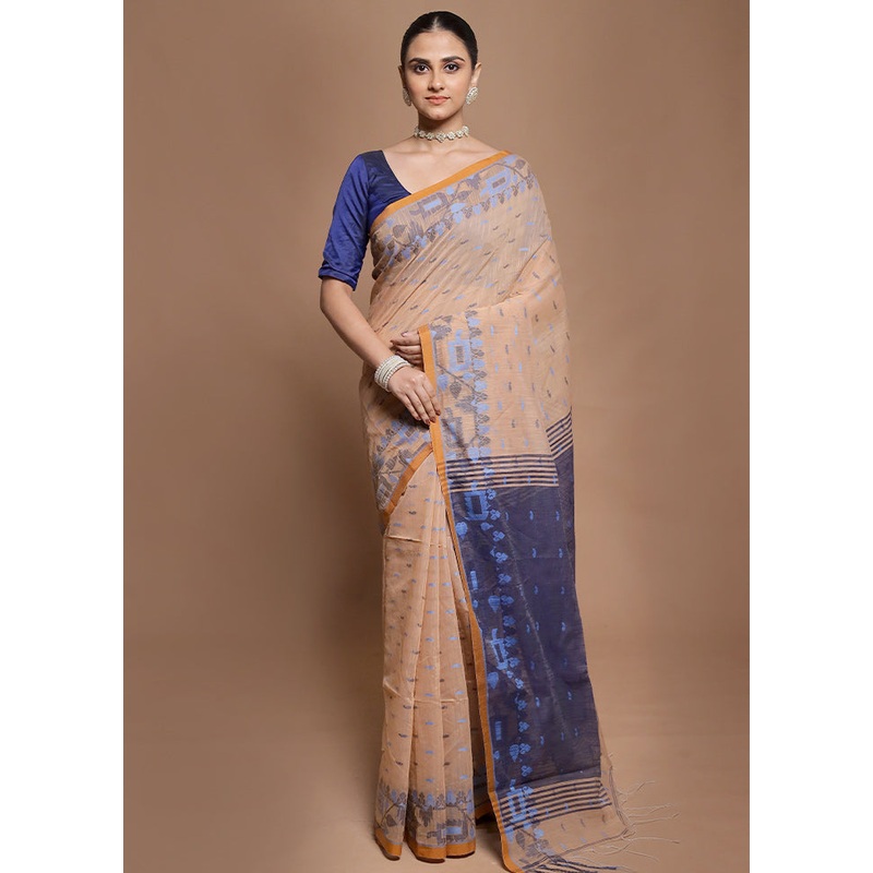 Blue Cotton Saree With Blouse Piece - JD986602022