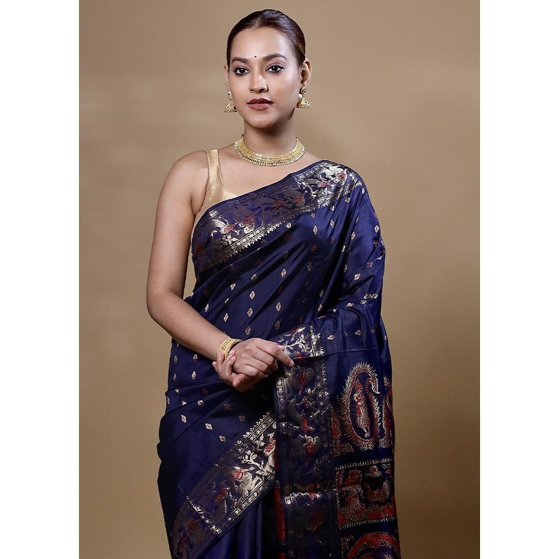 Blue Handloom Baluchari Pure Silk Saree With Blouse Piece - JD986602030