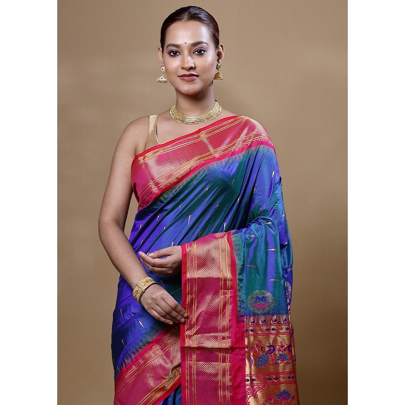 Blue Handloom Kanchipuram Pure Silk Saree With Blouse Piece - JD986602031