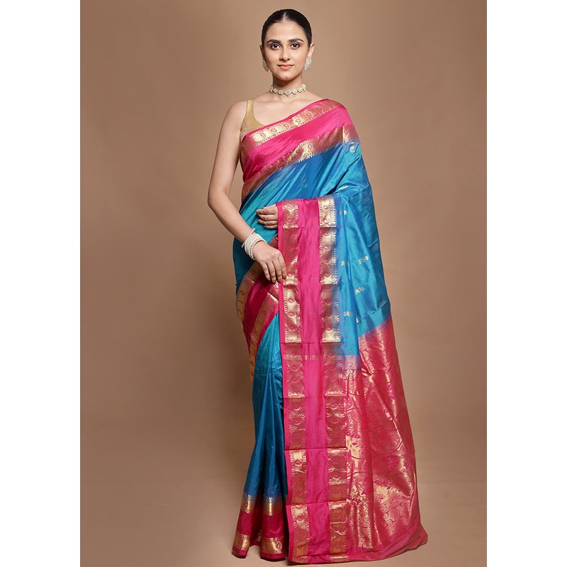 Blue Handloom Kanjivaram Pure Silk Saree With Blouse Piece - JD986602020