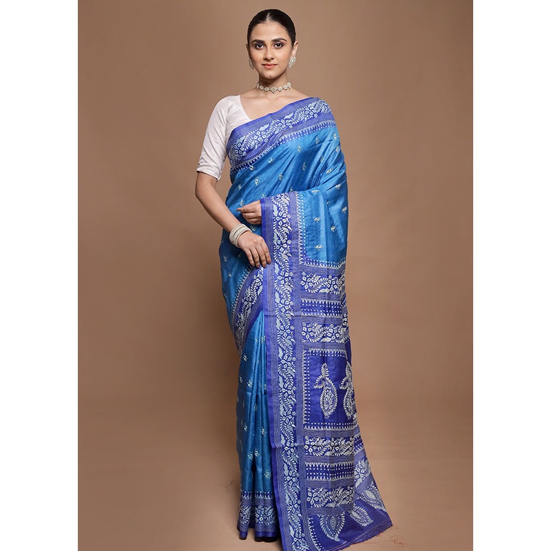 Blue Handloom Kantha Stitch Pure Silk Saree With Blouse Piece - JD986602017
