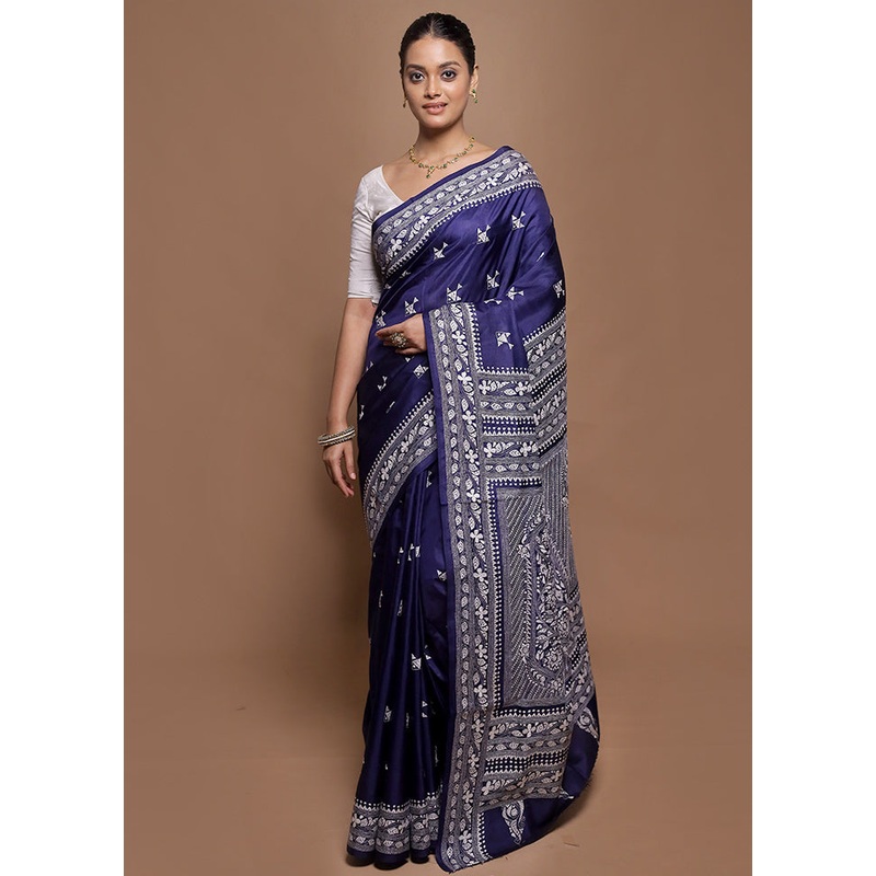 Blue Handloom Kantha Stitch Pure Silk Saree With Blouse Piece - JD986602018