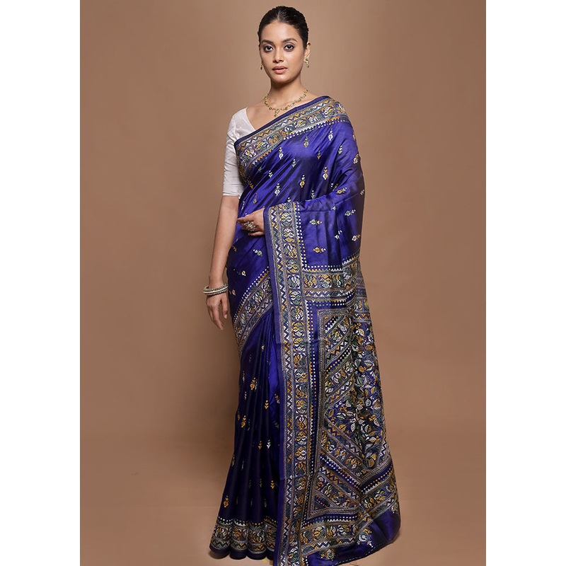 Blue Handloom Kantha Stitch Pure Silk Saree With Blouse Piece - JD986602019