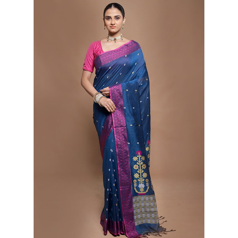 Blue Pure Cotton Saree With Blouse Piece - JD986602000