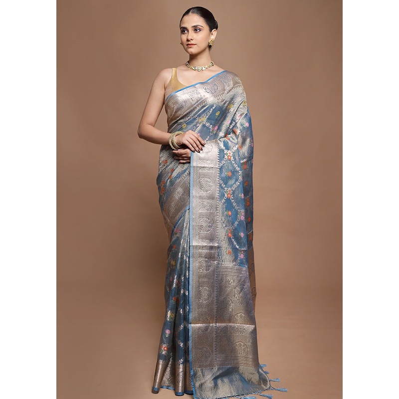 Blue Tissue Silk Saree With Blouse Piece - JD986601999